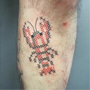 Cross-stitch lobster tattoo by Mariette #Mariette #crossstitch #lobster #blueink #redink