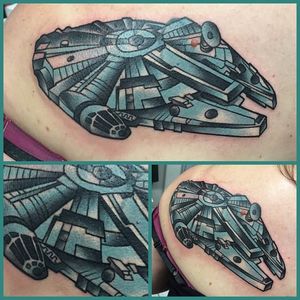 Millennium Falcon Tattoo by Rick Moreno #RickMoreno #SlickRick #Traditional #Neotraditional #ElectricChairTattoo #MillenniumFalcon #Starwars #Starwarstattoo #popculture