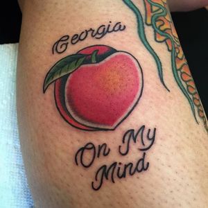 Georgia-state inspired tattoo by Cori James. #fruit #peach #Georgia #script #lettering #CoriJames