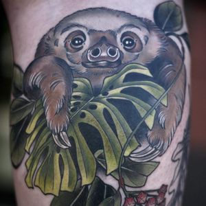 SLOTH! By Kirsten Holliday. Via Instagram.  #KirstenHolliday #Nature #NatureTattoo #Sloth #sloths #leaf #plant