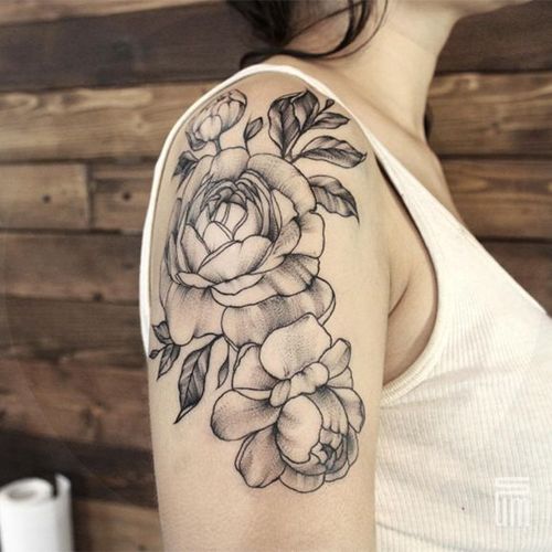 Beautiful flower tattoo by Dasha Sumkina #dashasumkina #finelines #blackwork #dotwork #flower #floral #peony #peonies