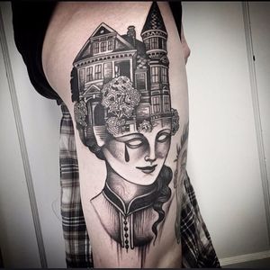 Blackwork manor portrait tattoo by Tyler Allen Kolvenbach. #TylerAllenKolvenbach #blackwork #manor #house #dark #grim #portrait #woman