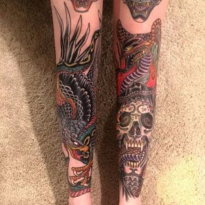 Rocking leg sleeves by Marius Meyer #MariusMeyer #traditional #color #eagle #skull #snake #cobra #feathers #scales #bones #teeth #tattoooftheday