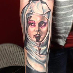 Bloodsucker nun portrait tattoo by Nick Hagan. #NickHagan #vampire #colorrealism #nun #scary #horrifying #creepy #macabre #portrait #horror #sinister #evil