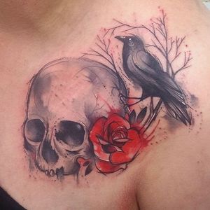 Darkness #JosieSexton #gringa #watercolor #aquarela #skull #caveira #cranio #corvo #raven #rose #rosa #flower #flor #galho #branch