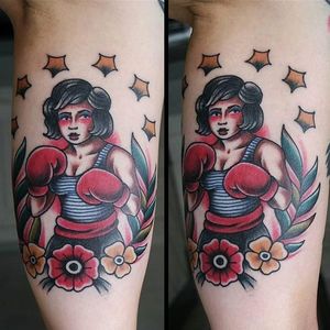 Lady boxer tattoo by Dominik Dagger. #traditional #DominikDagger #boxer #boxing #ladyboxer