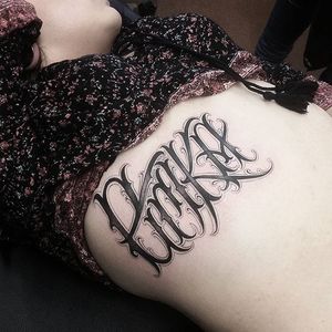 'Erika' Tattoo by Dean James Mcleod #lettering #script #darklettering #blackwork #blacklettering #DeanJamesMcleod