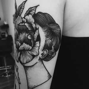Abstract face flower piece by Horny Pony. #blackwork #HornyPony #linework #face #flower #bust #woman #abstract