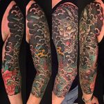 Hannya with snake and peony. Action packed sleeve tattoo done by Sandor Jordan. #sandorjordan #hakutsurutattoo #japanesestyle #japanese #essen #hannya #snake #peony