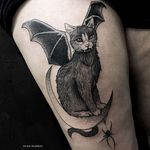 Bat cat by Ryan Murray (via IG-blackveiltattoo) #blackandgrey #halloween #spooky #macabre #bat #cat #RyanMurray #BlackVeilStudio