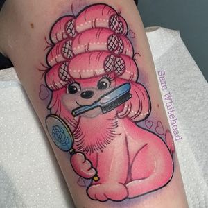 A pink poodle getting preened for a night on the town. Tattoo by Sam Whitehead. #poodle #dog #cute #pastel #SamWhitehead