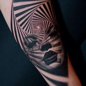 Optical illusion overlay portrait tattoo by Jessi Manchester. #JessiManchester #portrait #blackandgrey #opticalillusion #overlay