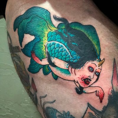 Lady fish tattoo by Tay Burger #TayBurger #surrealisttattoo #color #Japanese #yokai #fish #sccales #fins #blood #portrait #face #hands #fangs #monster #oceanlife