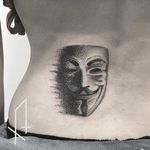 V For Vendetta Tattoo by Gioele Cassarino #blackwork #blackworktattoo #contemporaryblackwork #contemporarytattoos #modernblackwork #blackink #GioeleCassarino #VforVandetta #mask #movietattoo