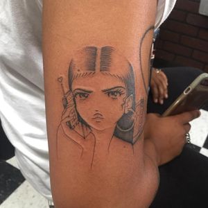 Flip Phone Fun tattoo by Soto Gang #SotoGang #linework #blackandgrey #lady #ladyhead #portrait #flipphone #bridge #heart #anime #manga #90s #hoopearrings #cute #fierce