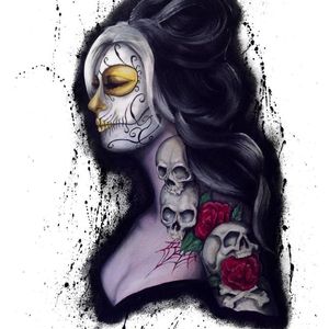 Stunning skull and roses tattoo on the Day of the Dead girl. Painting by Martin Darkside. #MartinDarkside #prettypieceofflesh #darkart #tattoedartist #UKpainter #pinupgirls #horror #oilpainting #bradford #skull #roses #diadelosmuertos