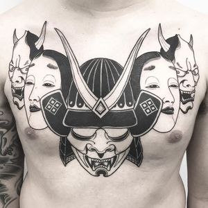 Hannya tattoos by Oscar Hove #OscarHove #demontattoos #blackwork #linework #pattern #hannya #hannyamask #nohmask #samurai #demon #death #devil #evil #ghost #yokai #chestpiece