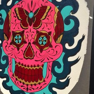Bold and colorful sugar skull painting by Megan Massacre #MeganMassacre #megandreamtattoo #colorful #skull #skulltattoo #sugarskull #painting