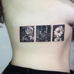 Triptych tattoo by Jefree Naderali #jefreenaderali #flowertattoos #blackandgrey #realism #realistic #hyperrealism #moon #stars #galaxies #sky #rain #water #reflection #light #daisy #flower #tattoooftheday