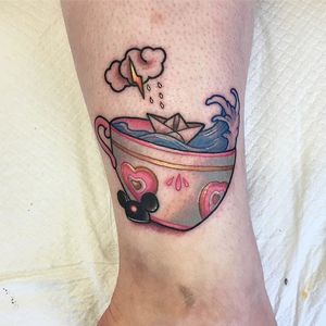 Storm in a teacup tattoo by Carly Kroll. #CarlyKroll #girly #pinkwork #cute #neotraditional #storminateacup #teacup