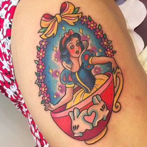Snow White Teacup Tattoo by Sarah K @SarahKTattoo #SarahKTattoo #SouthAustralia #Neotraditional #Colorful #Pop #bright_and_bold #Neotraditionaltattoo #Snowwhite #Teacup #Disneytattoo