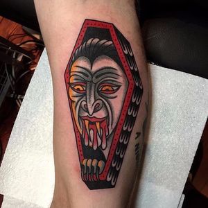 Traditional style coffin tattoo by Luke Jinks. #coffin #death #dark #vampire #traditionalamerican #traditional #LukeJinks