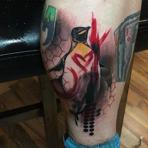 Trash polka penguin tattoo by Matthew Minetta. #trashpolka #abstract #penguin #bird #MatthewMinetta