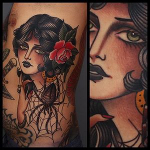 Girl and Spider Tattoo by Tony Nilsson #traditionalgirl #traditional #classictattoos #TonyNilsson