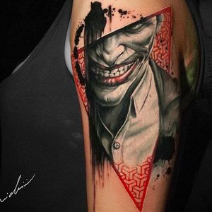 Joker tattoo by Michael Cloutier @cloutiermichael #Michaelcloutier #blackandgrey #blackandgray #blackandred #black #red #trashpolka #realism #joker