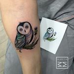 Owl Tattoo by Mariya Summer #owl #dotwork #colordotwork #subtletattoos #minimal #delicatetattoos #MariyaSummer