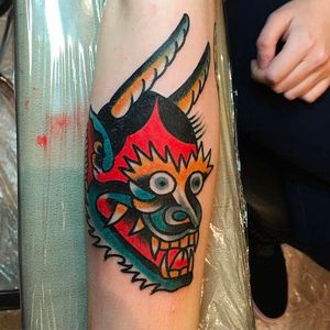 Cool bright colors in this Hannya mask Tattoo by Mike Fite @MikeFite @goldclubelectrictattoo #MikeFiteTattoo #Goldclubelectrictattoo #Neotraditional #Traditional #bright_and_bold #Hannya