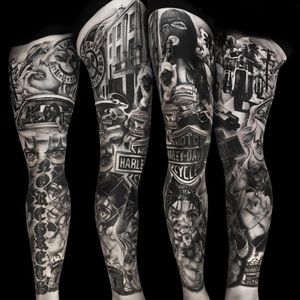 A badass Harley sleeve by Ronstoppable (IG—ronstagram). #blackandgrey #Chicano #Harley #HarleyDavidson #Ronstoppable