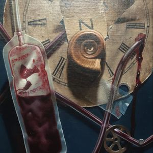 Detail of "Self-Portrait in Temporal Decay" by Nick Baxter from his exhibition at Sacred Tattoo (IG—burningxhope). Photo by KD Diamond. #artshow #BloodRituals #fineare #gallery #JonClue #NickBaxter #paintings #RitualMagic #SacredTattooNYC