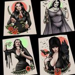 Horror Babes by Quyen Dinh (via IG-parlor_tattoo_prints) #flashart #artshare #fineart #colorful #traditional #ParlorTattooPrints #quyendinh #Elvira #Vampira #MorticiaAddams #lilymunster #halloween