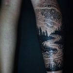 Tattoo by Noel'le Longhaul #NoelleLonghaul #linework #blackwork #dotwork #illustrative #nature #landscape #etching #river #forest #trees #stars #moon