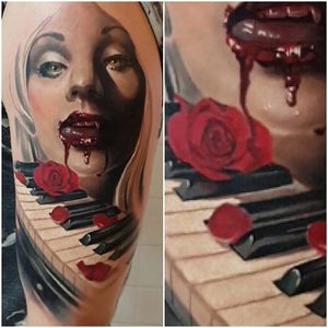 Bloody girl, rose petals and piano tattoo by Alexander Yanitskiy #alexanderyanitskiy #portrait #realism #realistic #blood #israel #girl #rose #piano