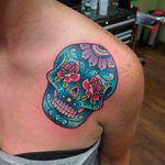 Rad looking day of the dead skull tattoo by katie McGowan. #katiemcgowan #blackcobratattoo #coloredtattoo #dayofthedead #diadelosmuertos #skull #sugarskull
