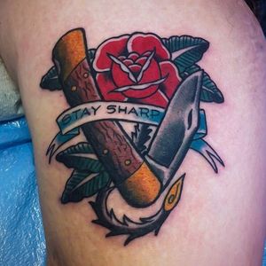 Buck Knife Tattoo by Shane Blanco #buckknife #knifetattoo #traditionalknifetattoo #traditionaltattoo #ShaneBlanco