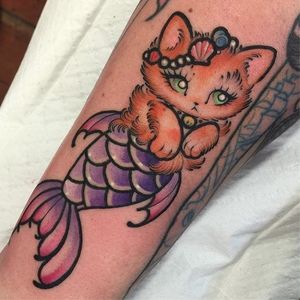 Purrmaid tattoo by Ly Aleister. #LyAleister #cute #girly #pretty #kitten #cat #mermaid #purrmaid #mythical #fantasy
