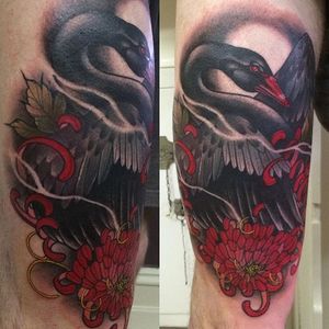 Black swan tattoo by Jasmin Austin. #neotraditional #swan #blackswan #chrysanthemum #JasminAustin