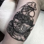 Storm in a teacup tattoo by henbohenning. #storminateacup #storm #ship #teacup #tea #cup #wave #blackwork