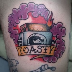 A little stoner Mortal Kombat piece by Bryan Wilson (IG—tattoo_bryan). #BryanWilson #MortalKombat #toaster #traditional
