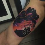 Heart tattoo by Giena Todryk #GienaTodryk #Hearttattoos #color #landscape #newtraditional #watercolor #painterly #anatomicalheart #stars #sky #heart #love