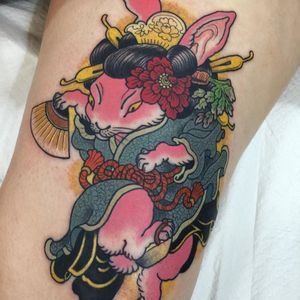Bunny tattoo by Wendy Pham #WendyPham #bunnytattoo #color #Japanese #neotraditional #bunny #rabbit #kimono #carrot #peony #fan #mashup #floral