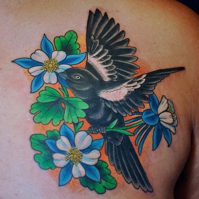 Tattoo uploaded by Stacie Mayer  Neo traditional Colorado state bird  lark and columbine flower tattoo by Patrick Sans flower floral  columbine columbineflower lark bird Colorado PatrickSans  Tattoodo