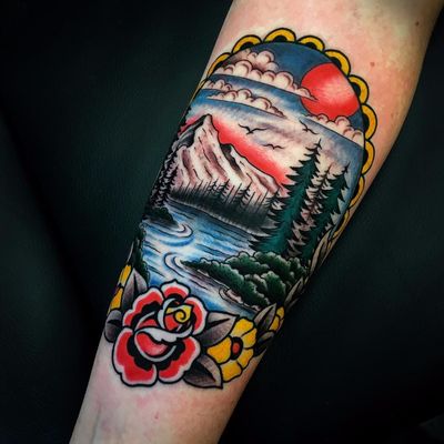 Heaven is a place on earth by Danny Piedra #DannyPiedra #traditional #color #landscape #rose #flowers #leaves #nature #forest #river #mountains #sun #birds #clouds #sky #frame #tattoooftheday