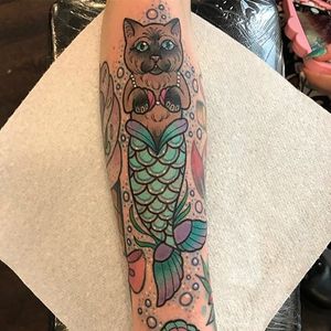 Purrmaid tattoo by Alex Rowntree. #AlexRowntree #sparkly #kawaii #girly #cute #cat #mermaid #purrmaid #mythical #fantasy