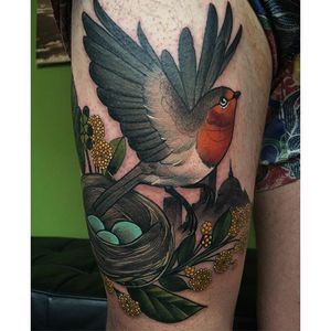 Bird & Nest Tattoo by Charlotte Timmons @charlotte_eleanor88 #birdflyingnest #bird #upperleg #color #illustration #neo-traditional #charlottetimmons #charlotte_eleanor88
