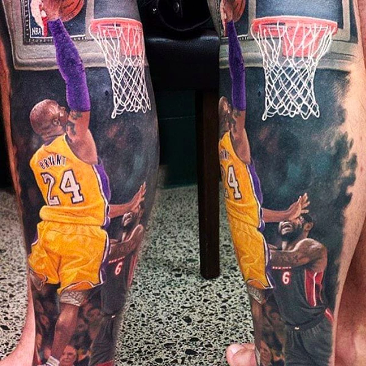 Tattoo uploaded by rcallejatattoo • Kobe Bryant going up against Lebron  James, tattoo by Steve Butcher #KobeBryant#Lakers #LebronJames #realistic  #realism #colored #SteveButcher • Tattoodo