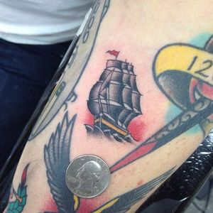 Micro Ship Tattoo by Jason Stewart #microtattoo #smalltattoo #micro #JasonStewart #ship #shiptattoo